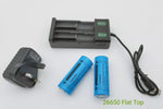 2 x 26650 3.7V Li-Ion Rechargeable Batteries+2 Ports Battery Charger Flat Top